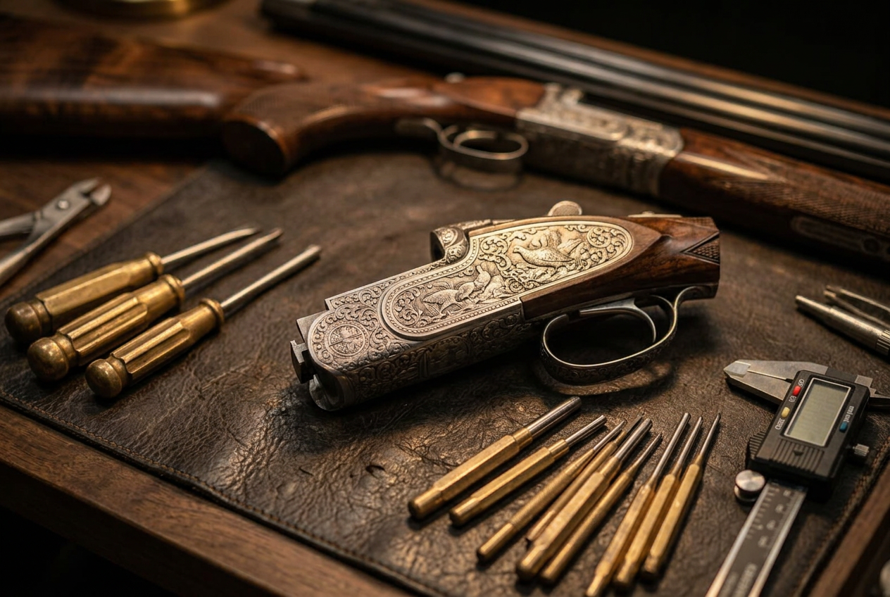 Engraved shotgun receiver on a gunsmith's bench with precision tools